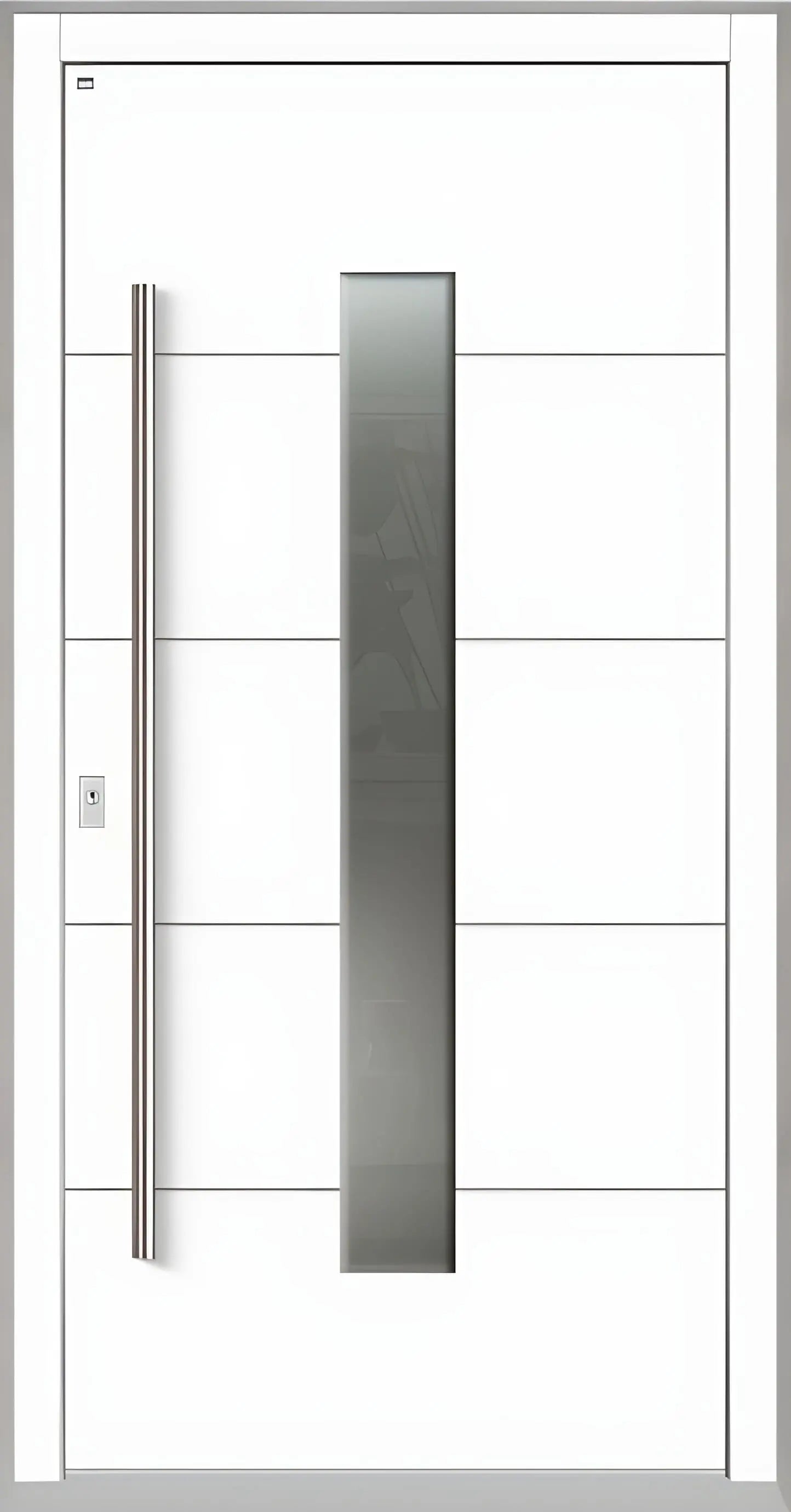 Holzhausür Modell H4 mit mittigem Lichtausschnitt und vier Nuten in Verkehrsweiß Dreh Links