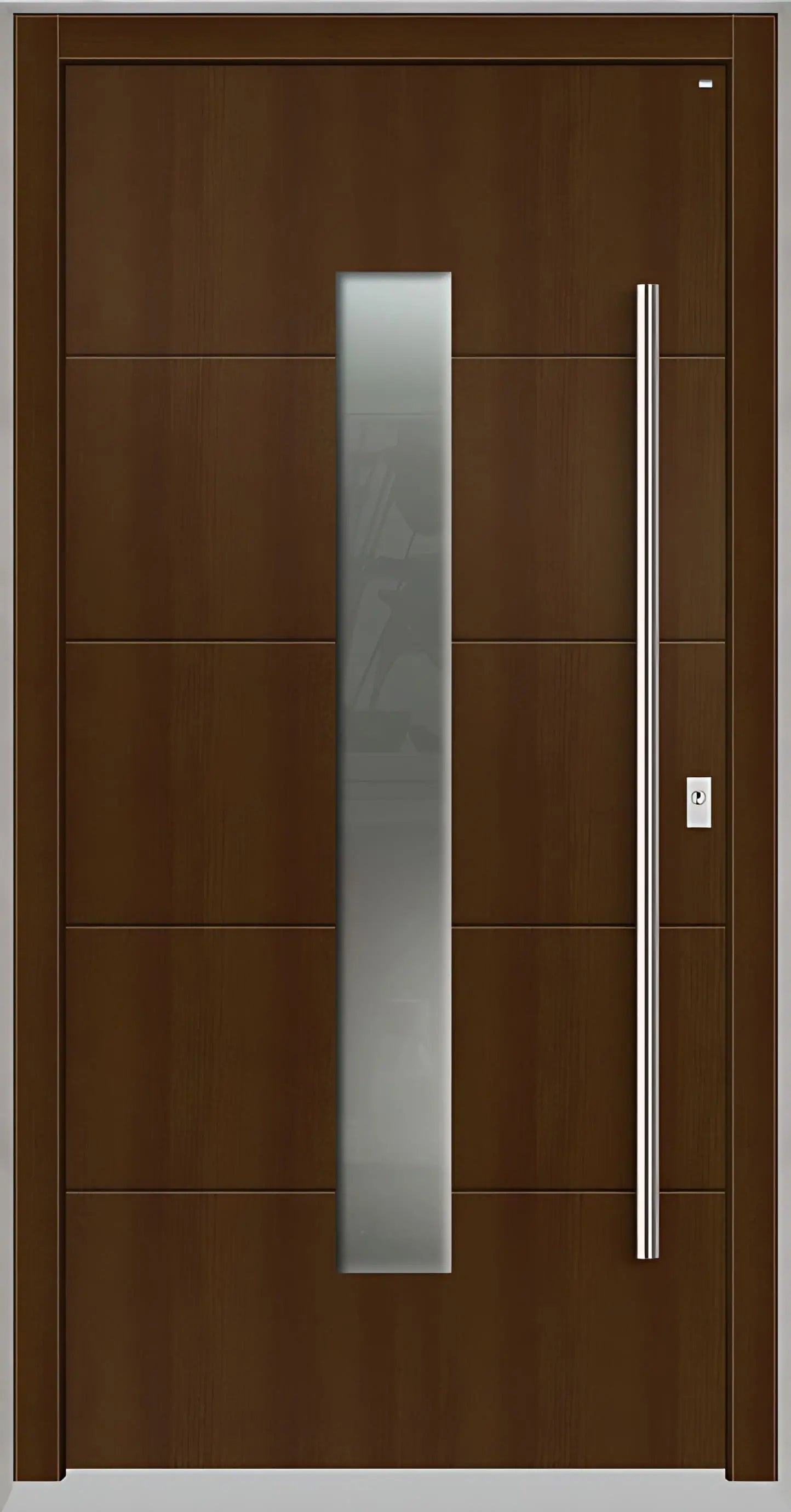 Holzhausür Modell H4 mit mittigem Lichtausschnitt und vier Nuten in Eichedunkel Dreh Rechts