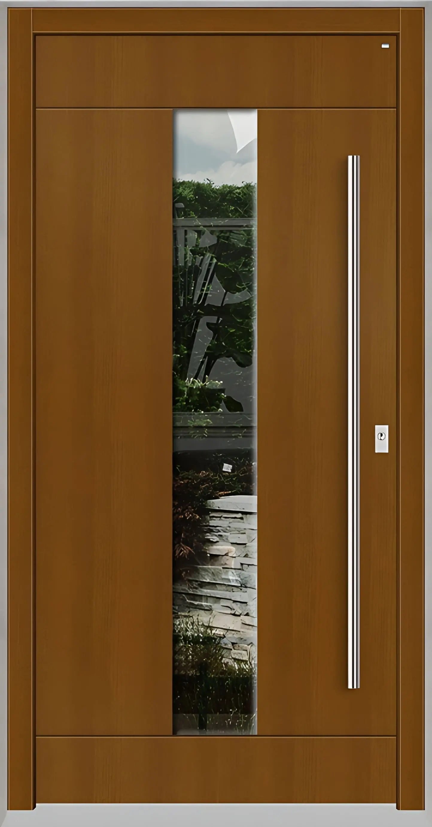 Holz Haustür mit mittlerem Lichtausschnitt und Nuten in Eicheclassic als Dreh Rechts