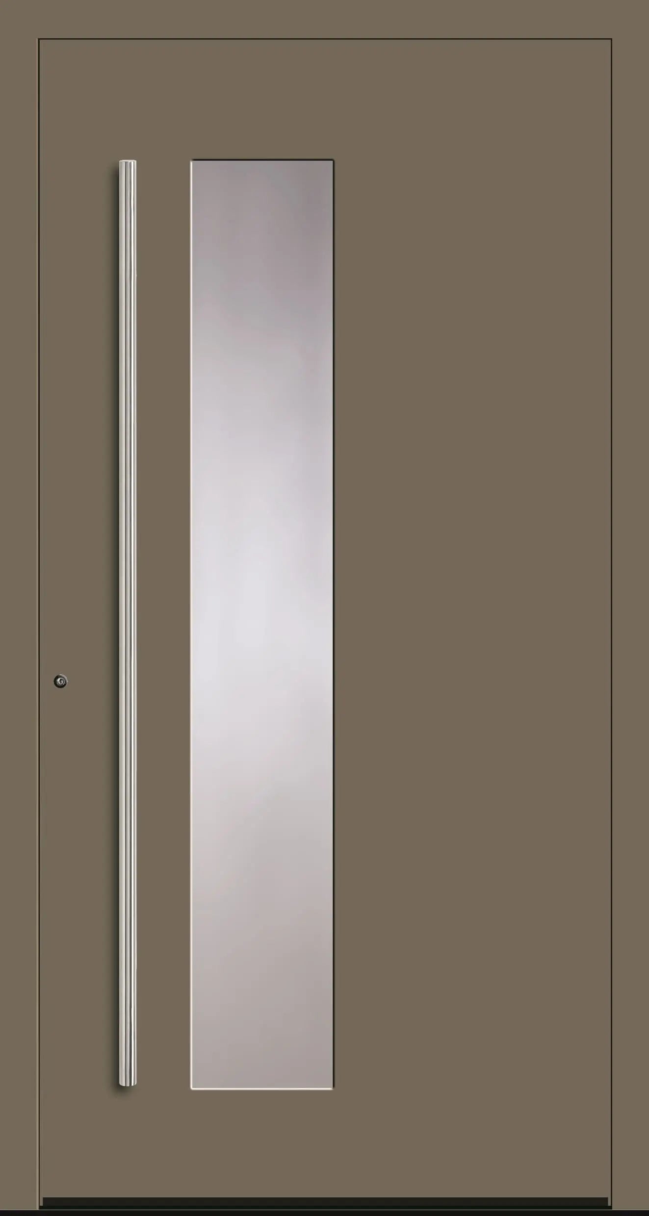 Aluminiumhaustür Schüco mit zum Griff versetzten Lichtausschnitt in Olivgrau Dreh Links