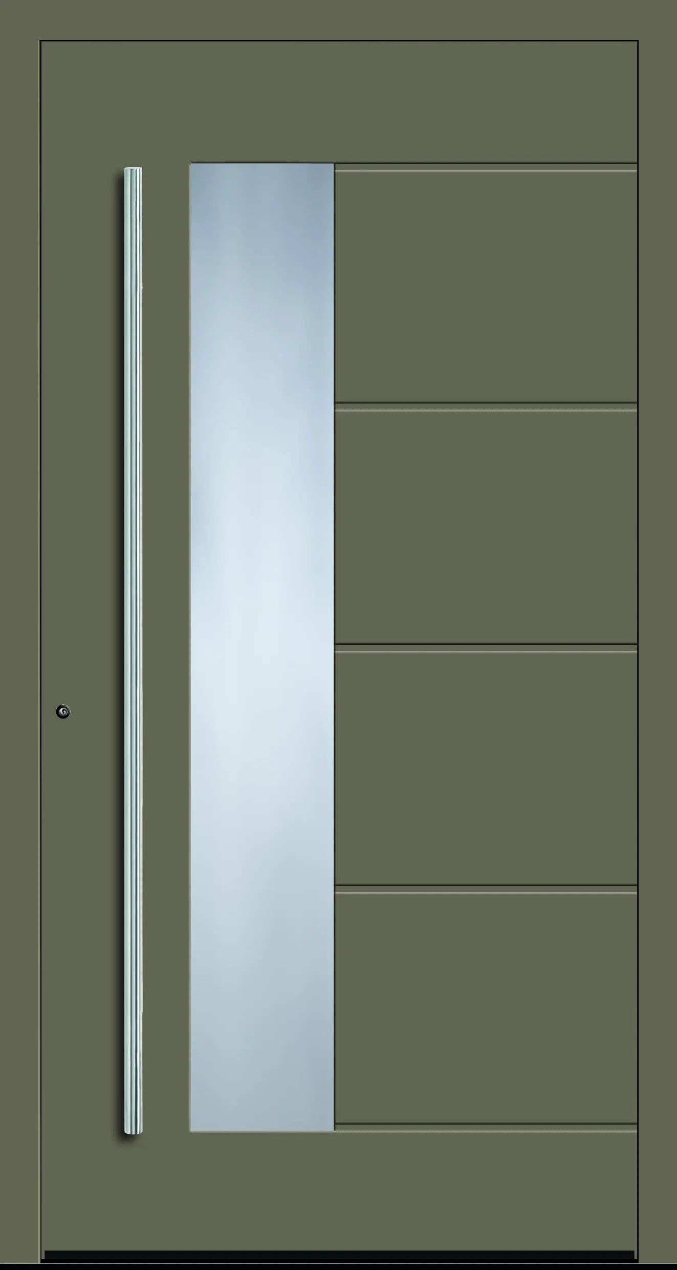 Aluminium Haustür mit seitlich versetzen Glas und fünf eingelassenen Nuten in Olivgrau Dreh Links