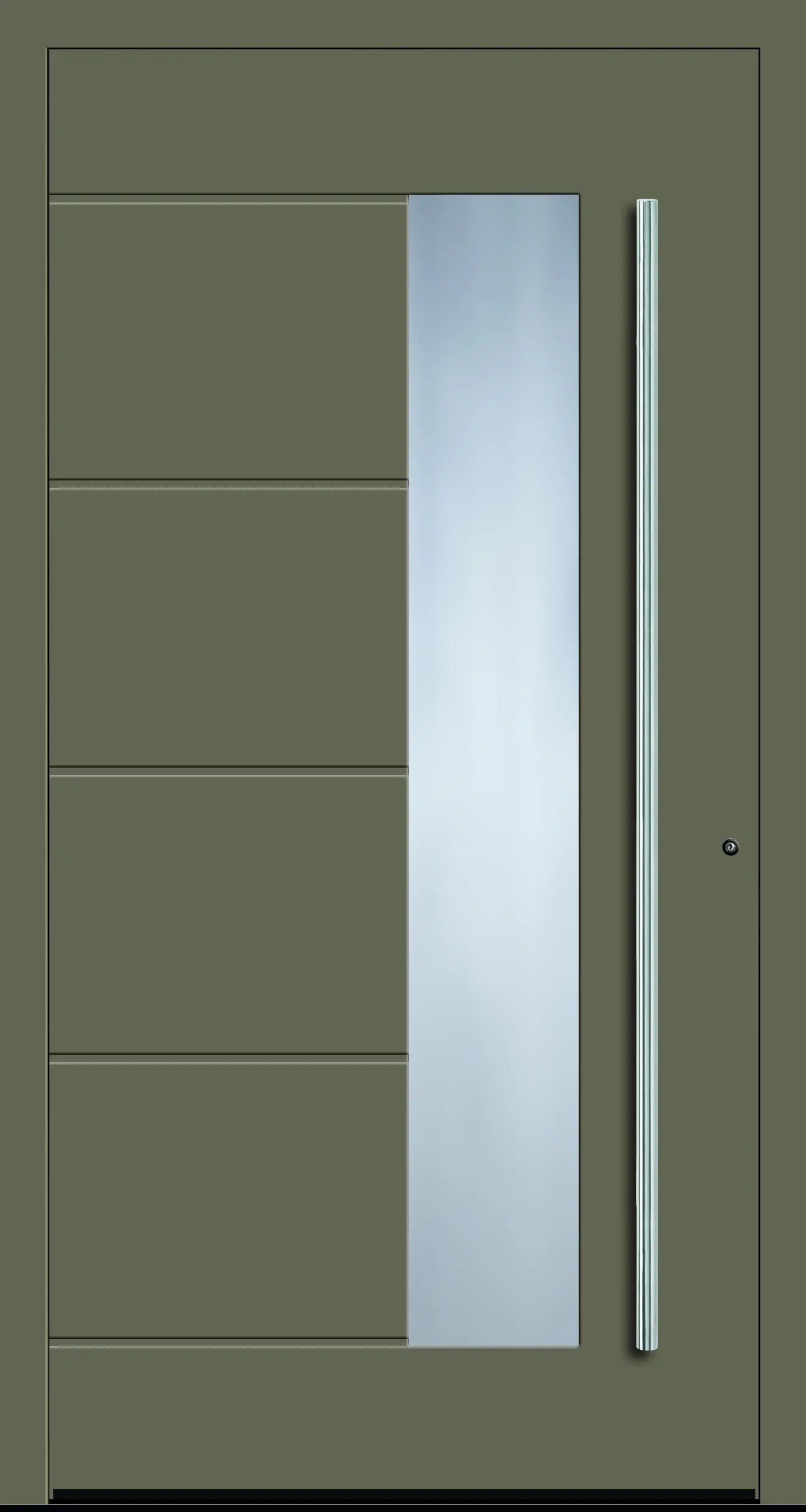 Aluminium Haustür mit seitlich versetzen Glas und fünf eingelassenen Nuten in Olivgrau Dreh Rechts
