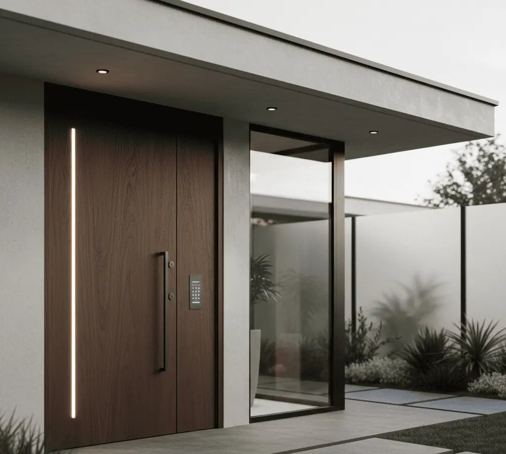 Moderne Haustür 2026 mit klaren Linien, Holzoptik und zeitlosem Design am Einfamilienhaus