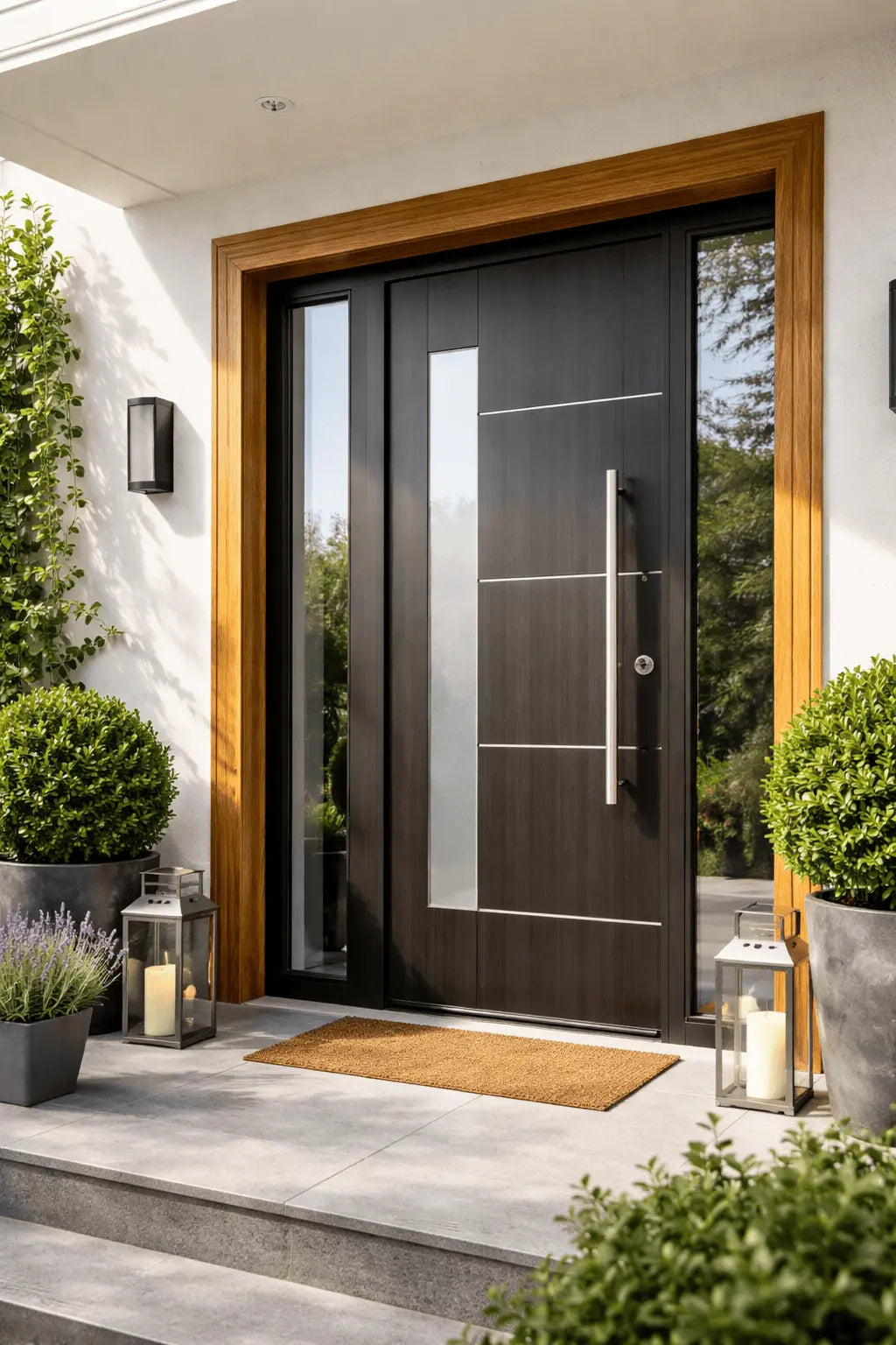 Geöffnete moderne Haustür mit gepflegtem Holzrahmen und glänzenden Beschlägen