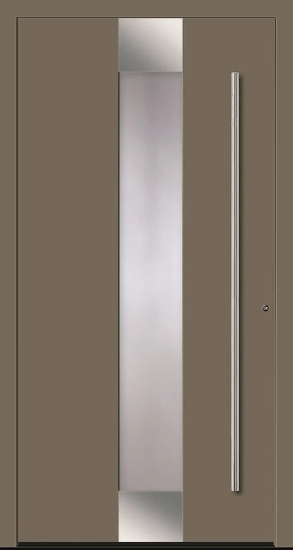 Haustür Aluminium Modell A5 mit Lichtausschnitt und Edelstahl in Olivgrau Dreh Rechts