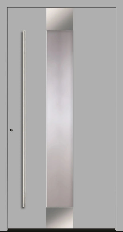 Haustür Aluminium Modell A5 mit Lichtausschnitt und Edelstahl in Weißaluminium Dreh Links
