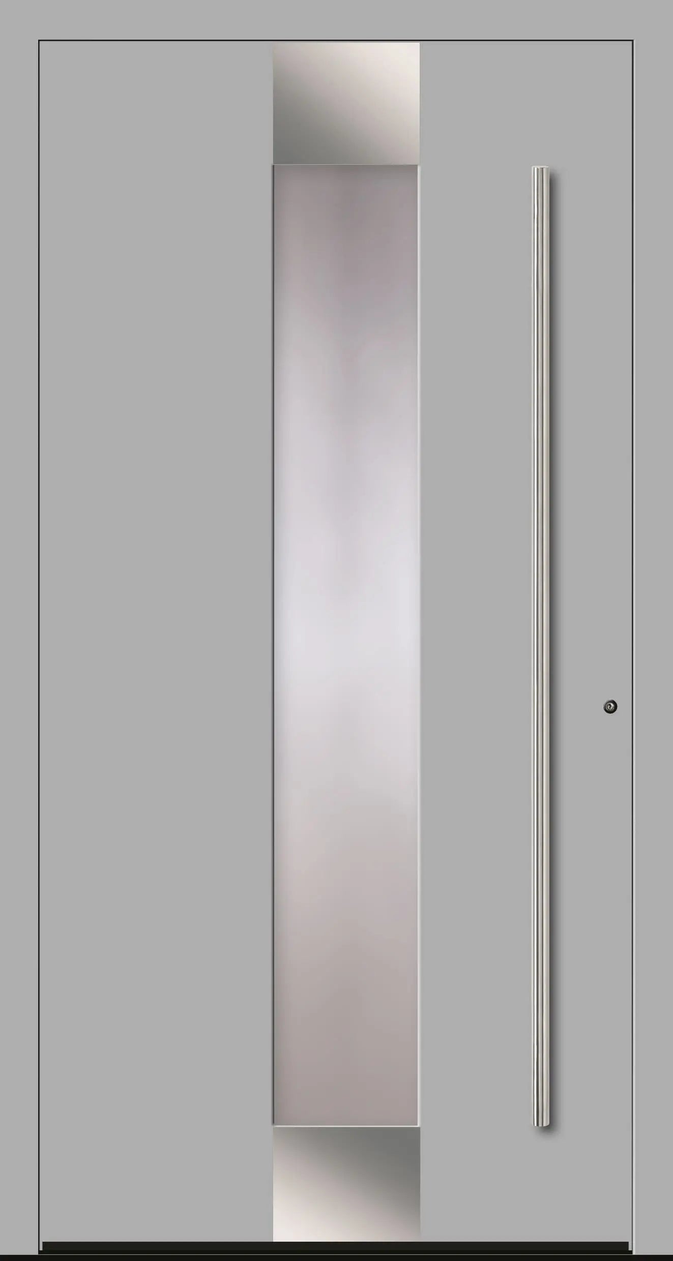 Haustür Aluminium Modell A5 mit Lichtausschnitt und Edelstahl in Weißaluminium Dreh Rechts