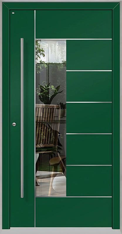 Haustüre Holz Aluminium mit Lichtausschnitt und Edelstahl Designelementen in Moosgrün Dreh Links