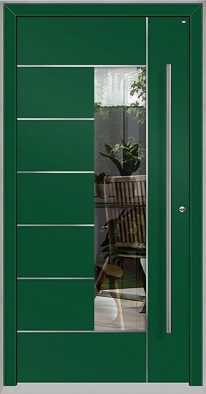 Haustüre Holz Aluminium mit Lichtausschnitt und Edelstahl Designelementen in Moosgrün Dreh Rechts