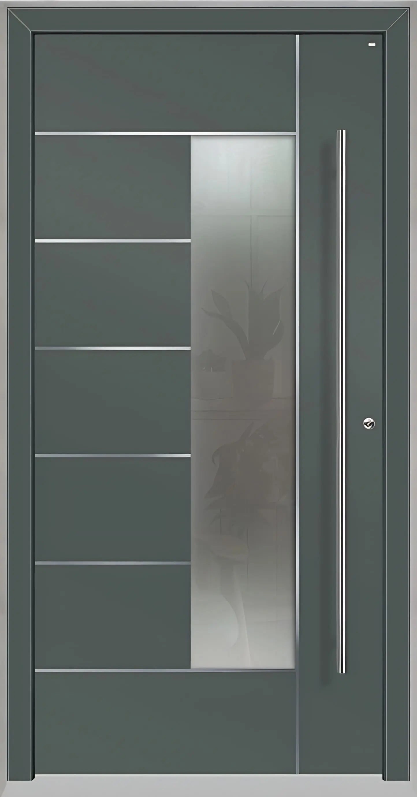 Haustüre Holz Aluminium mit Lichtausschnitt und Edelstahl Designelementen in Basaltgrau Dreh Rechts