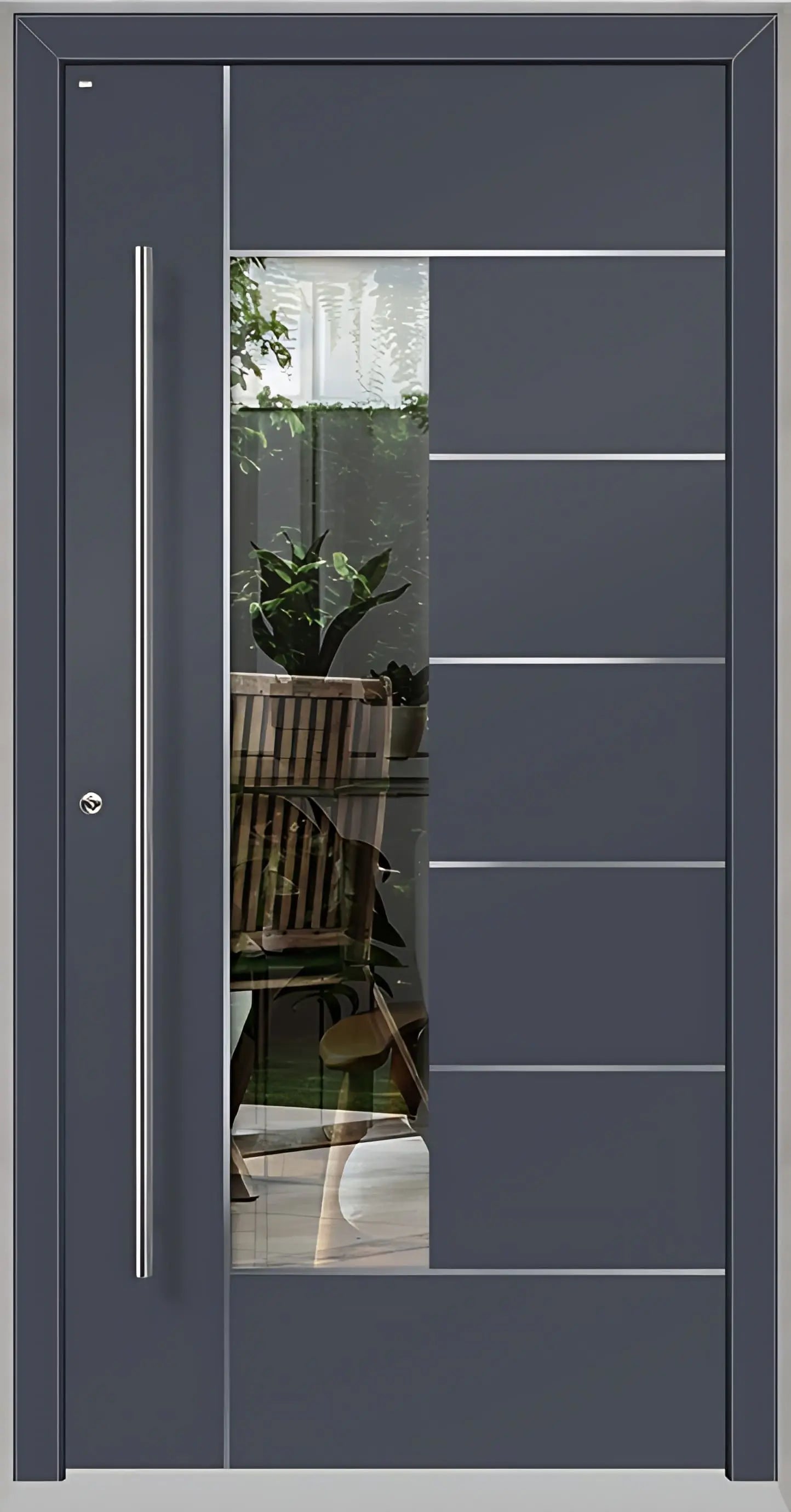 Haustüre Holz Aluminium mit Lichtausschnitt und Edelstahl Designelementen in Schiefergrau Dreh Links