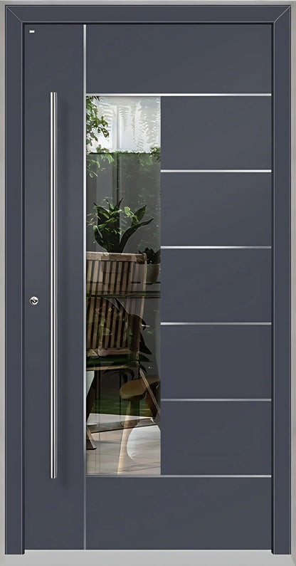 Haustüre Holz Aluminium mit Lichtausschnitt und Edelstahl Designelementen in Schiefergrau Dreh Links