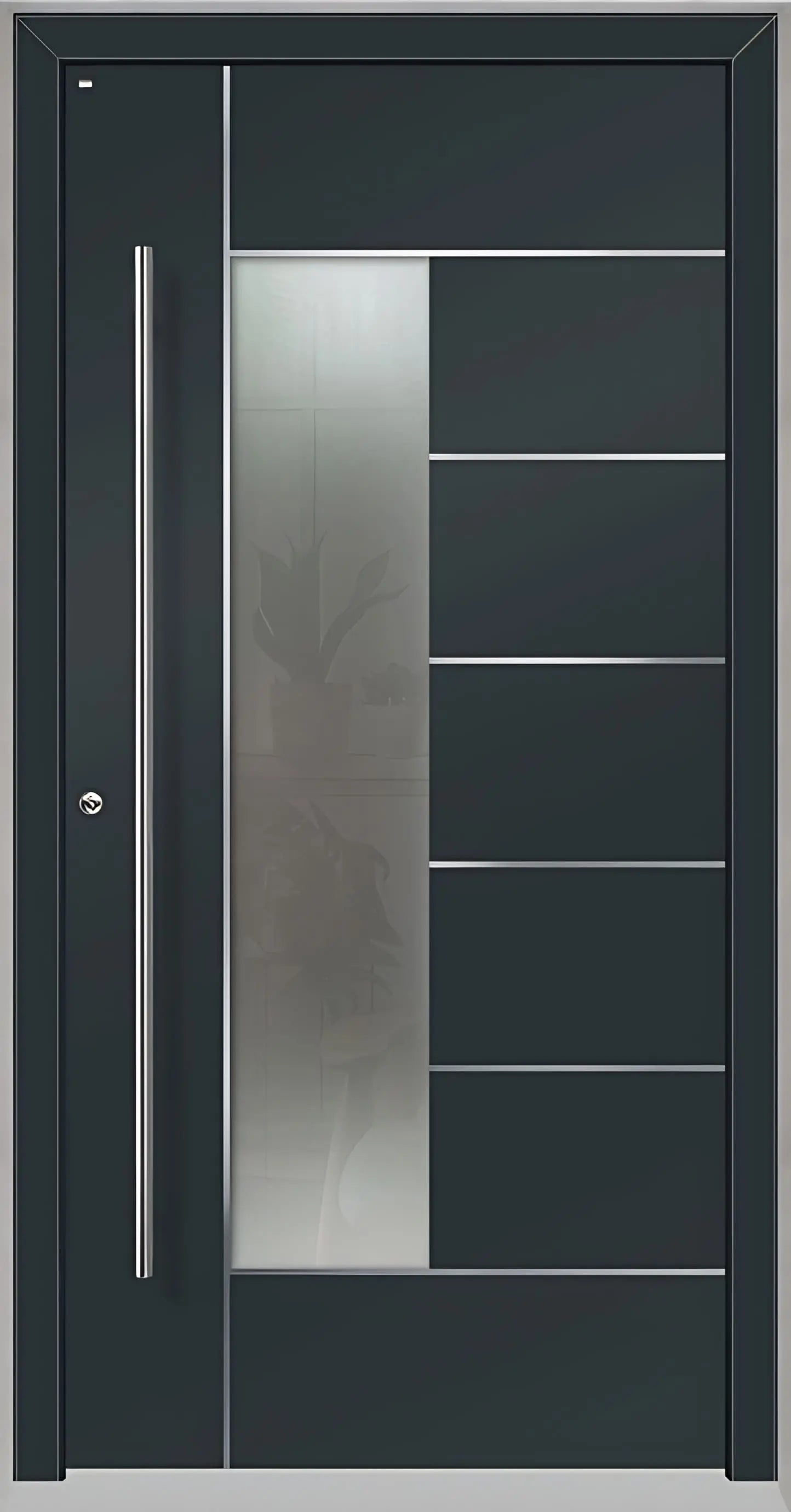 Haustüre Holz Aluminium mit Lichtausschnitt und Edelstahl Designelementen in Anthrazitgrau Dreh Links