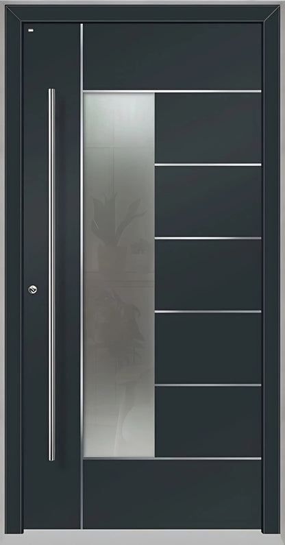 Haustüre Holz Aluminium mit Lichtausschnitt und Edelstahl Designelementen in Anthrazitgrau Dreh Links