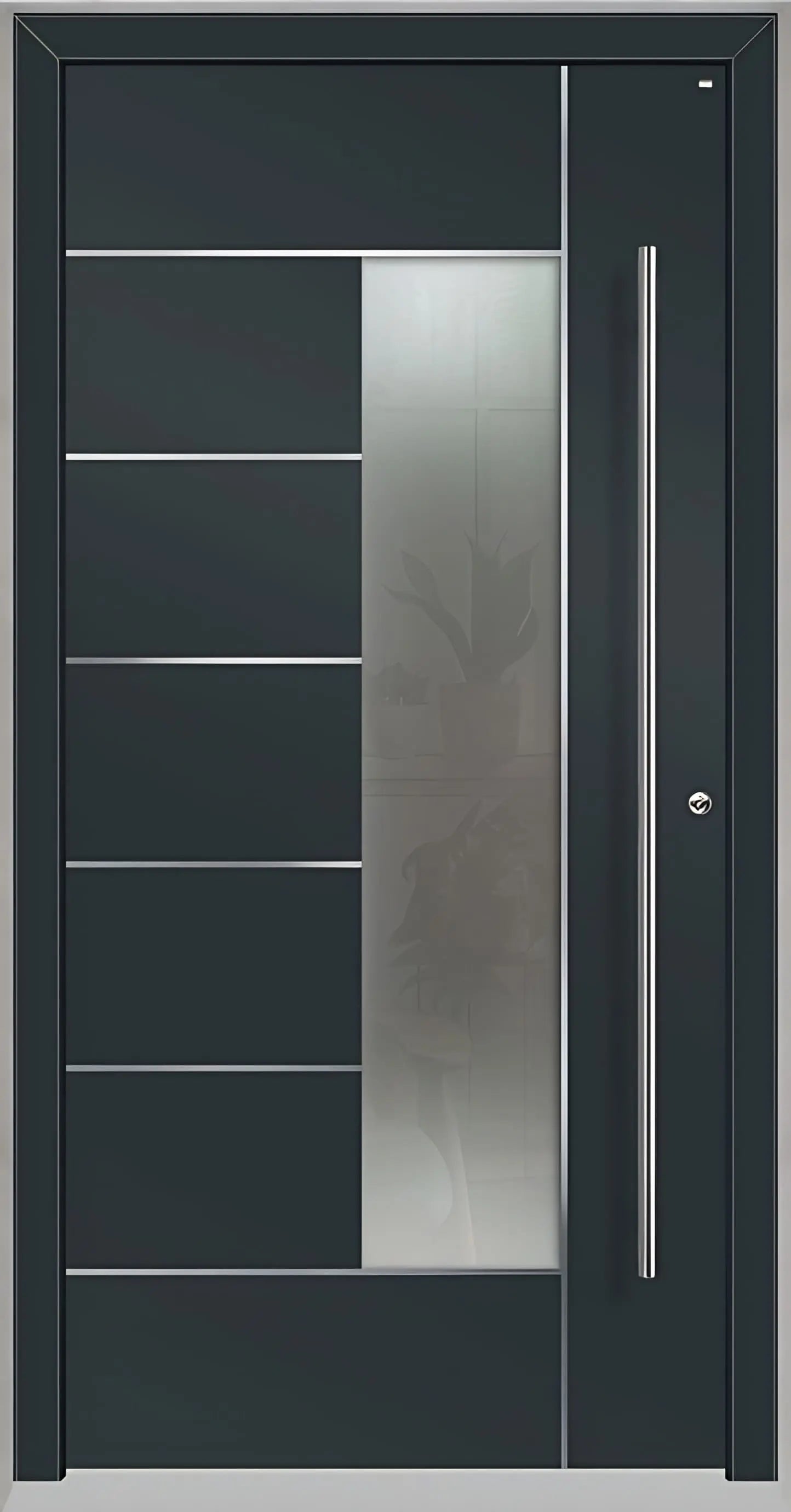 Haustüre Holz Aluminium mit Lichtausschnitt und Edelstahl Designelementen in Anthrazitgrau Dreh Rechts