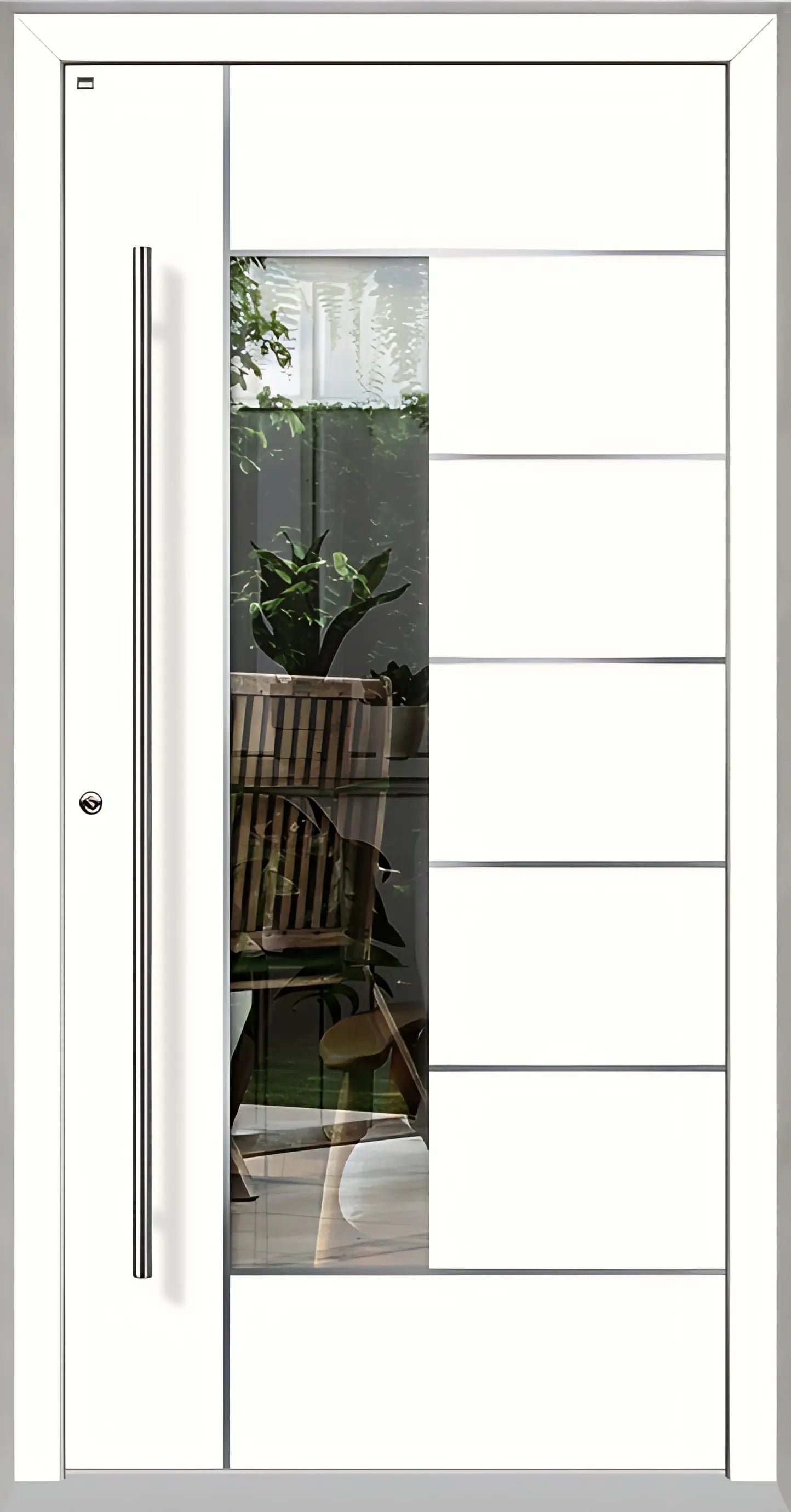 Haustüre Holz Aluminium mit Lichtausschnitt und Edelstahl Designelementen in Vekehrsweiß Dreh Links