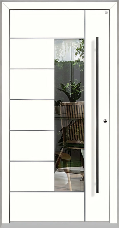 Haustüre Holz Aluminium mit Lichtausschnitt und Edelstahl Designelementen in Vekehrsweiß Dreh Rechts