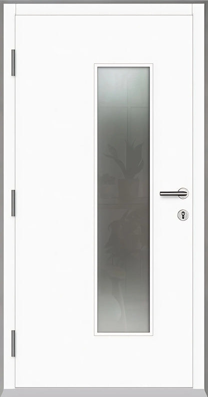 Haustüre Holz Aluminium mit Lichtausschnitt und Edelstahl Designelementen Innenansicht