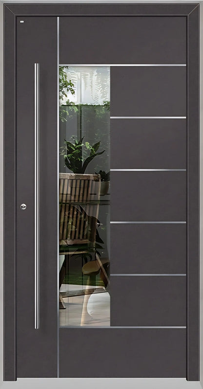 Haustüre Holz Aluminium mit Lichtausschnitt und Edelstahl Designelementen in DB703 Dreh Links