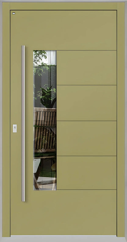 Moderne Holzhaustür in Graubeige mit Lichtausschnitt zum Griff versetzt und fünf Nuten als Dreh Links