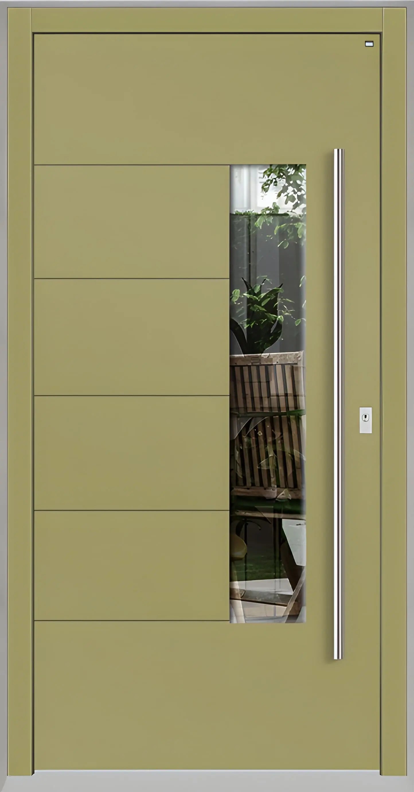 Moderne Holzhaustür in Graubeige mit Lichtausschnitt zum Griff versetzt und fünf Nuten als Dreh Rechts