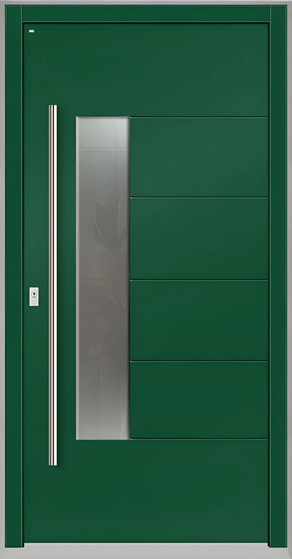 Moderne Holzhaustür in Moosgrün mit Lichtausschnitt zum Griff versetzt und fünf Nuten als Dreh Links