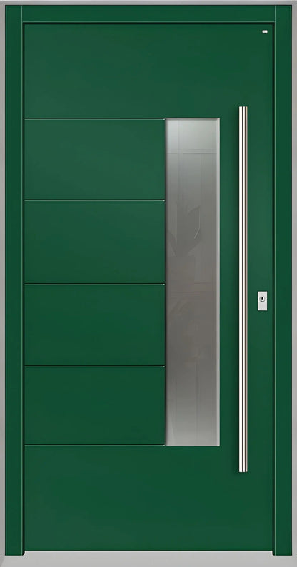 Moderne Holzhaustür in Moosgrün mit Lichtausschnitt zum Griff versetzt und fünf Nuten als Dreh Rechts