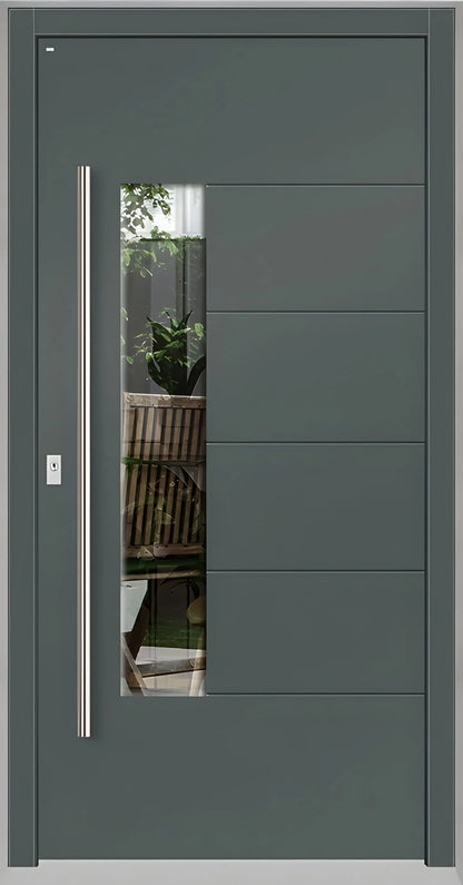 Moderne Holzhaustür in Basaltgrau mit Lichtausschnitt zum Griff versetzt und fünf Nuten als Dreh Links