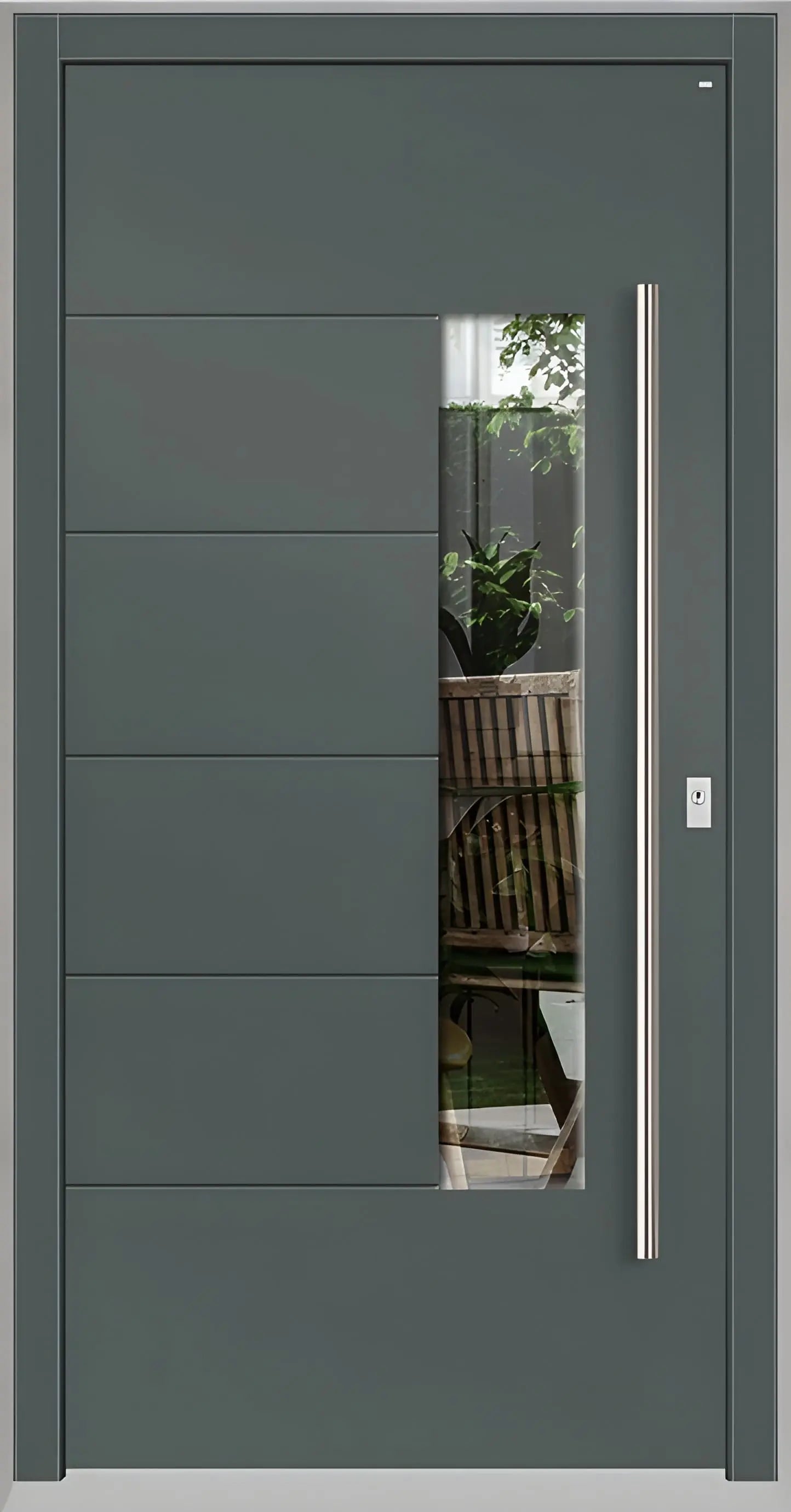 Moderne Holzhaustür in Basaltgrau mit Lichtausschnitt zum Griff versetzt und fünf Nuten als Dreh Rechts