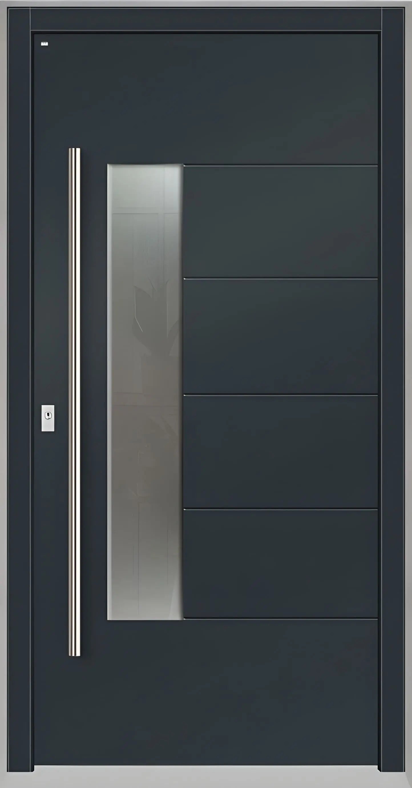 Moderne Holzhaustür in Anthrazitgrau mit Lichtausschnitt zum Griff versetzt und fünf Nuten als Dreh Links