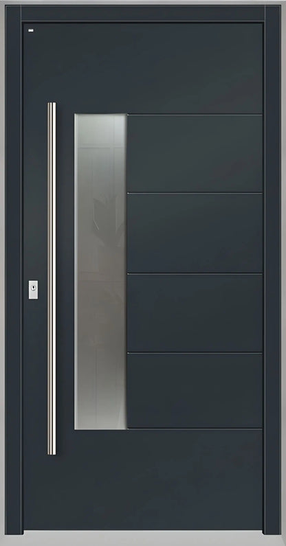 Moderne Holzhaustür in Anthrazitgrau mit Lichtausschnitt zum Griff versetzt und fünf Nuten als Dreh Links