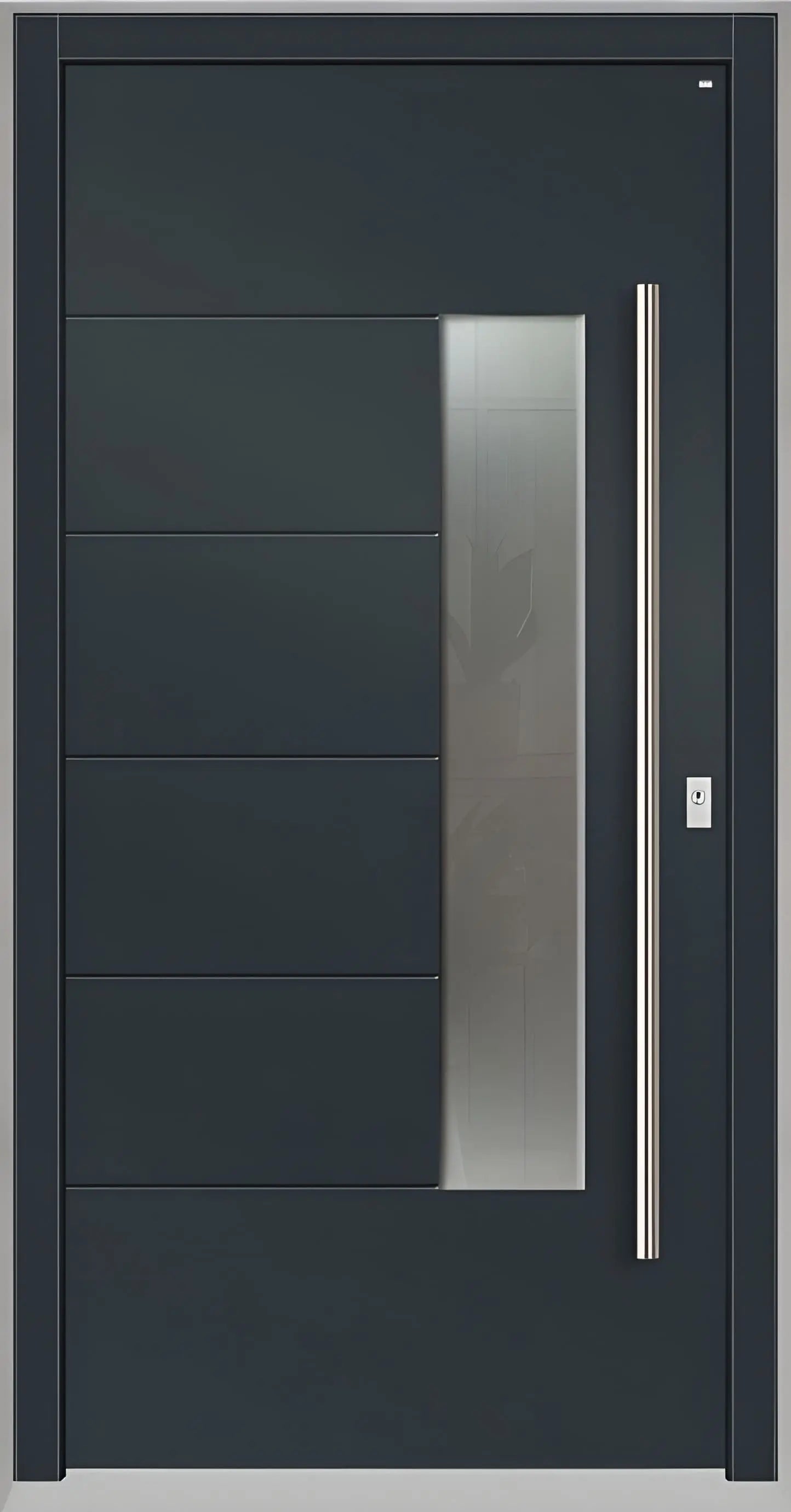 Moderne Holzhaustür in Anthrazitgrau mit Lichtausschnitt zum Griff versetzt und fünf Nuten als Dreh Rechts