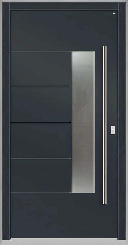 Moderne Holzhaustür in Anthrazitgrau mit Lichtausschnitt zum Griff versetzt und fünf Nuten als Dreh Rechts