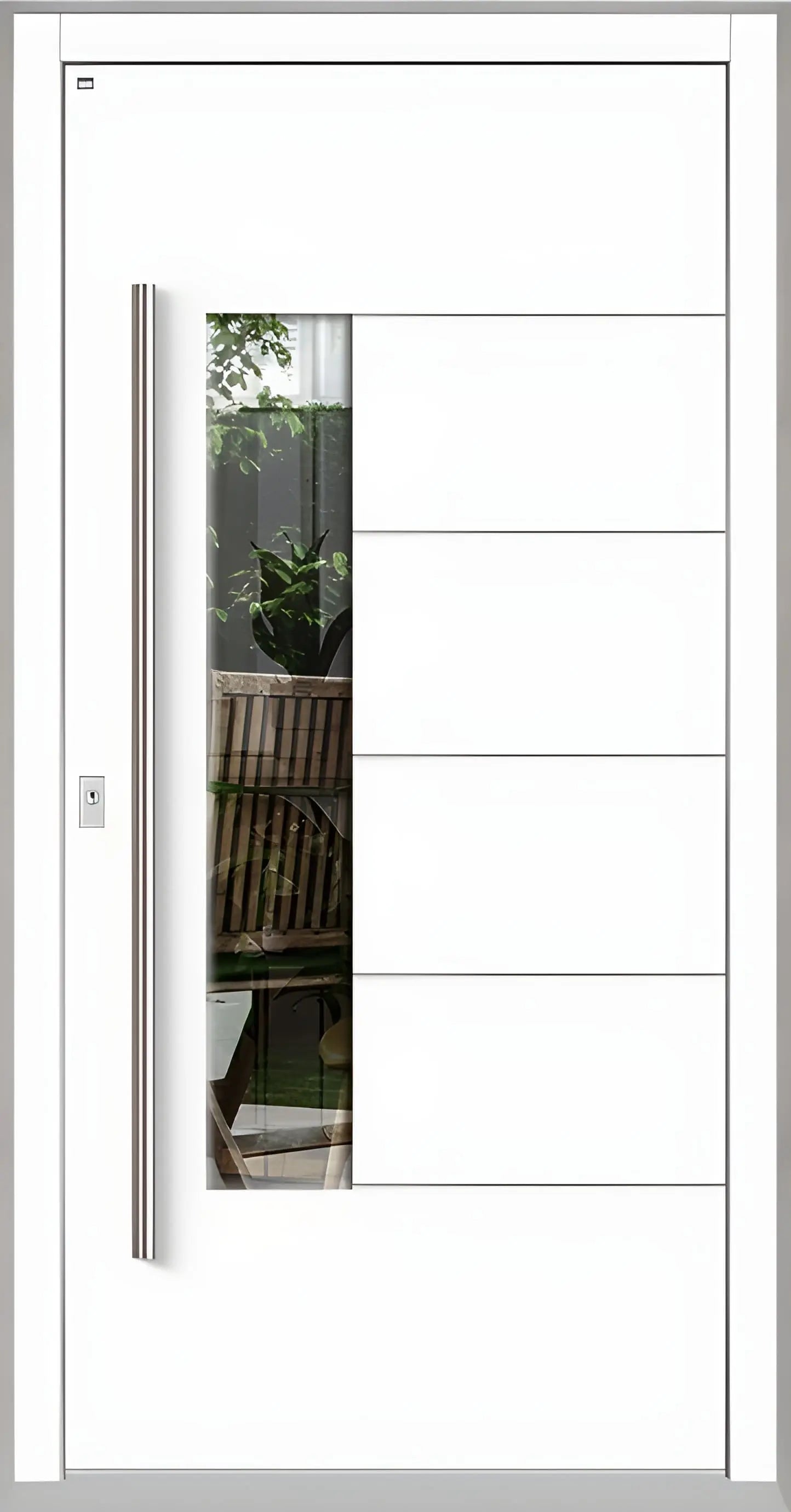 Moderne Holzhaustür in Verkehrsweiß mit Lichtausschnitt zum Griff versetzt und fünf Nuten als Dreh Links