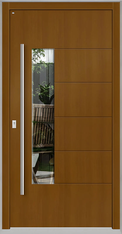 Moderne Holzhaustür in Eicheclassic mit Lichtausschnitt zum Griff versetzt und fünf Nuten als Dreh Links