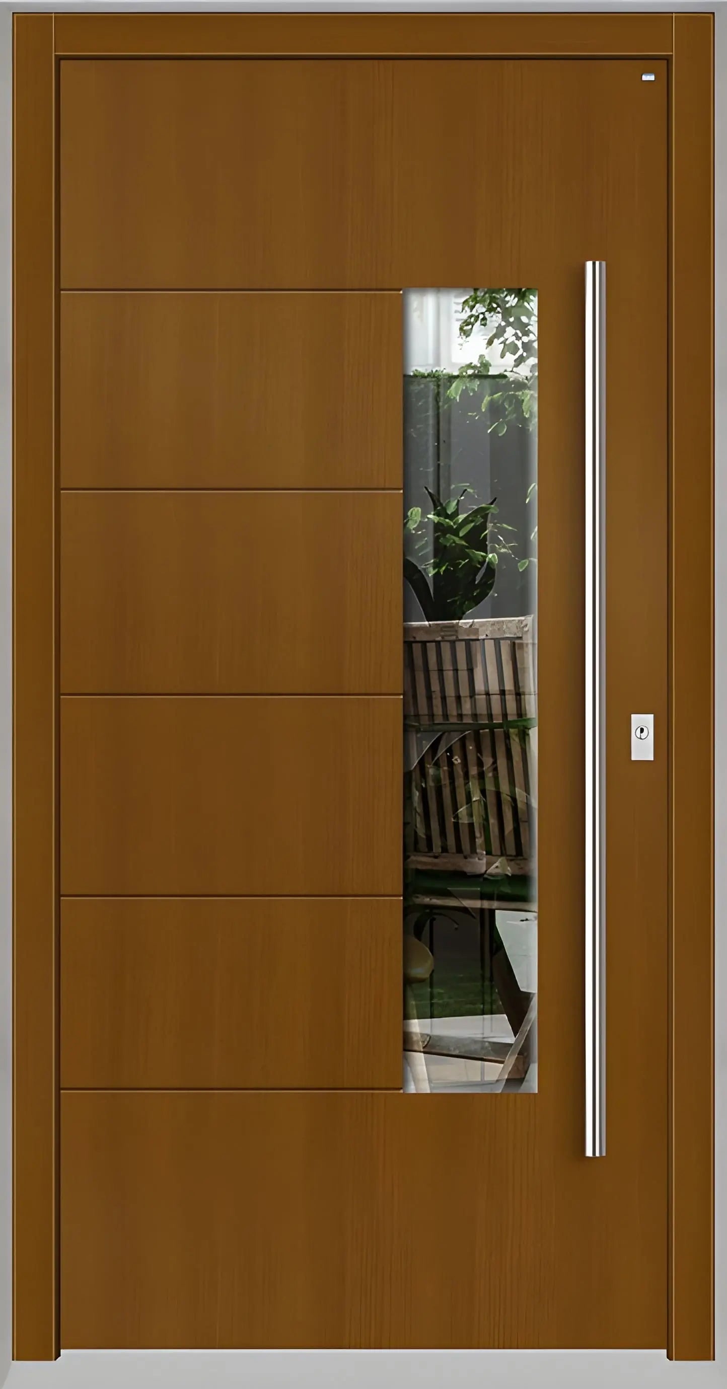 Moderne Holzhaustür in Eicheclassic mit Lichtausschnitt zum Griff versetzt und fünf Nuten als Dreh Rechts