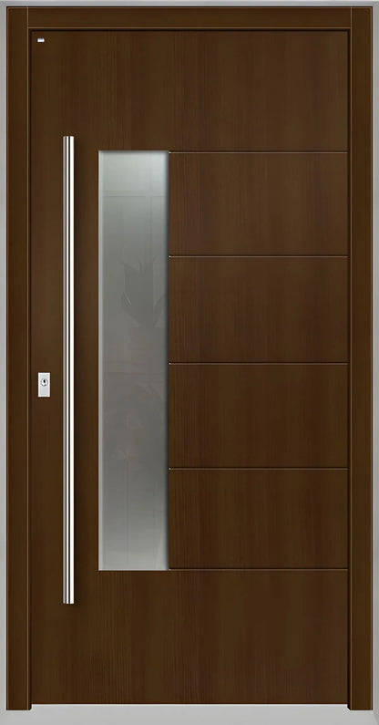 Moderne Holzhaustür in Eichedunkel mit Lichtausschnitt zum Griff versetzt und fünf Nuten als Dreh Links