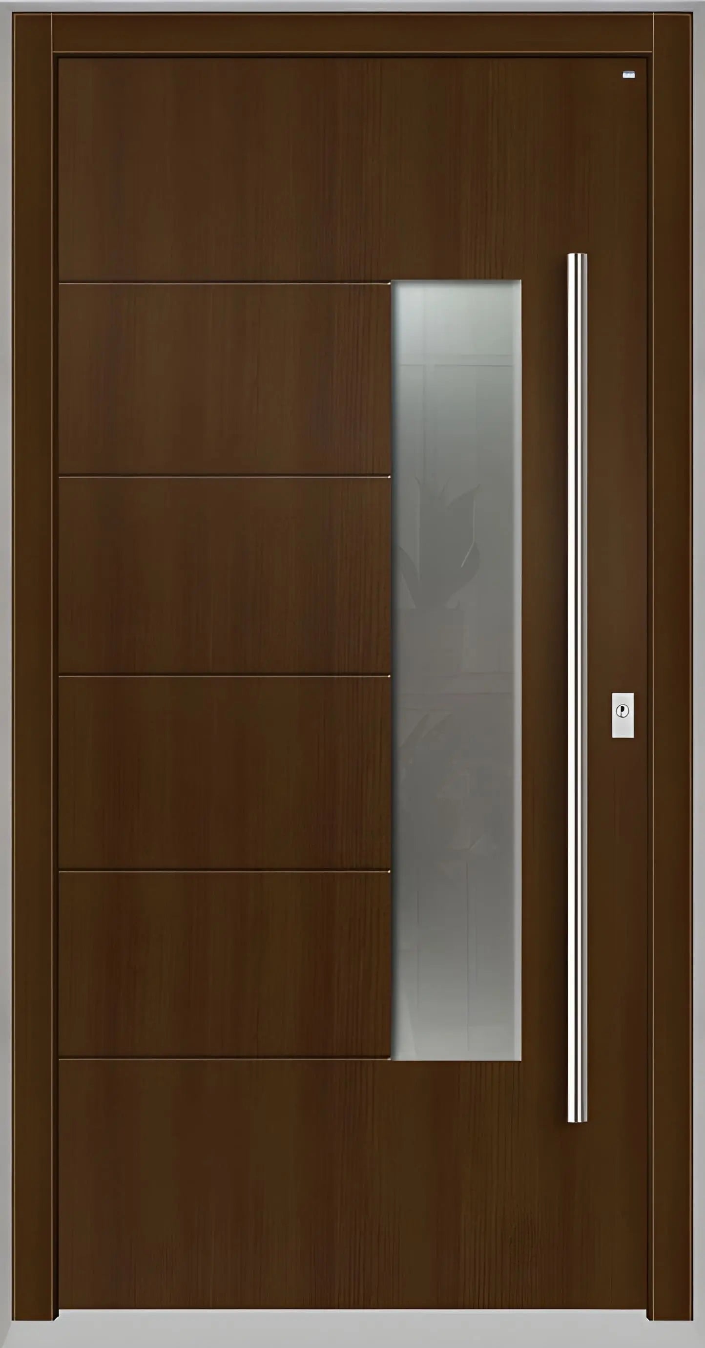 Moderne Holzhaustür in Eichedunkel mit Lichtausschnitt zum Griff versetzt und fünf Nuten als Dreh Rechts