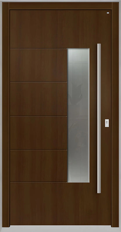 Moderne Holzhaustür in Eichedunkel mit Lichtausschnitt zum Griff versetzt und fünf Nuten als Dreh Rechts