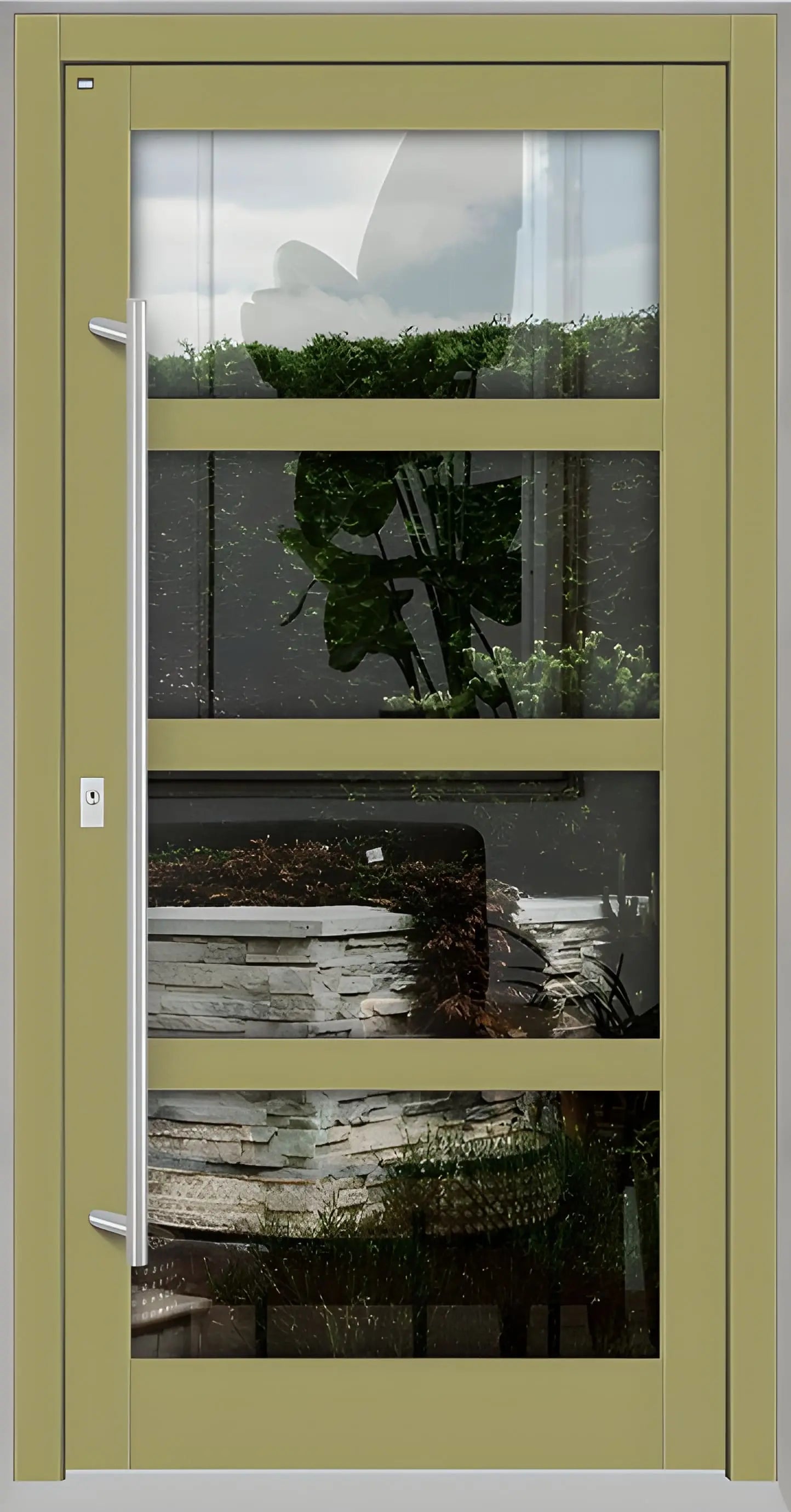 Haustür Holz mit Ganzglasfüllung und 3 waagerechten Unterteilungen in Graubeige Dreh Links