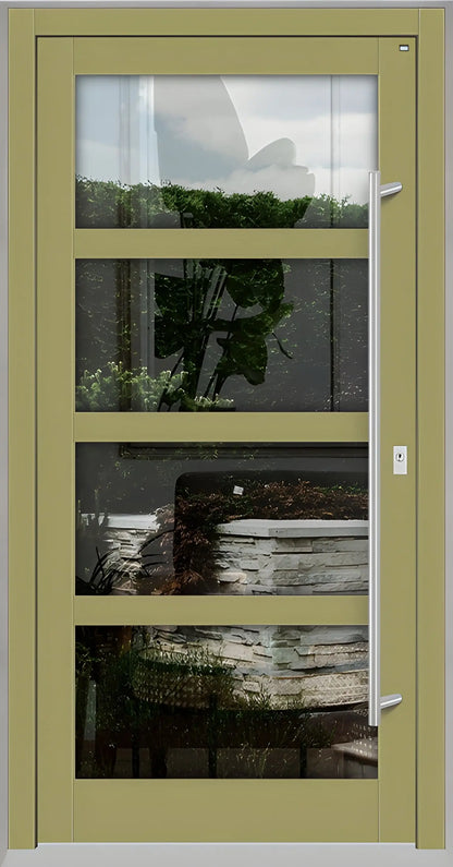 Haustür Holz mit Ganzglasfüllung und 3 waagerechten Unterteilungen in Graubeige Dreh Rechts