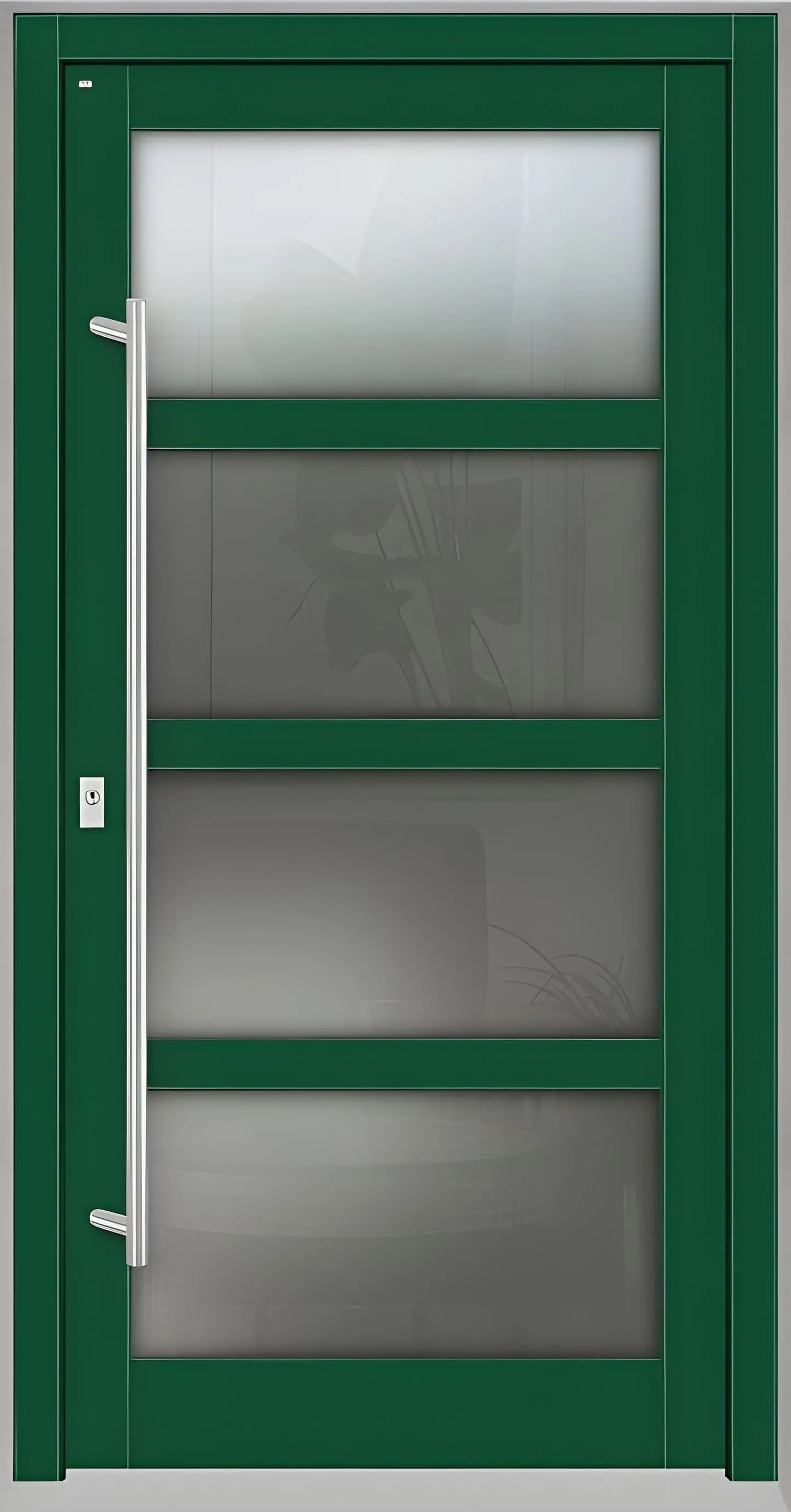 Haustür Holz mit Ganzglasfüllung und 3 waagerechten Unterteilungen in Moosgrün Dreh Links