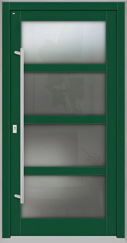 Haustür Holz mit Ganzglasfüllung und 3 waagerechten Unterteilungen in Moosgrün Dreh Links
