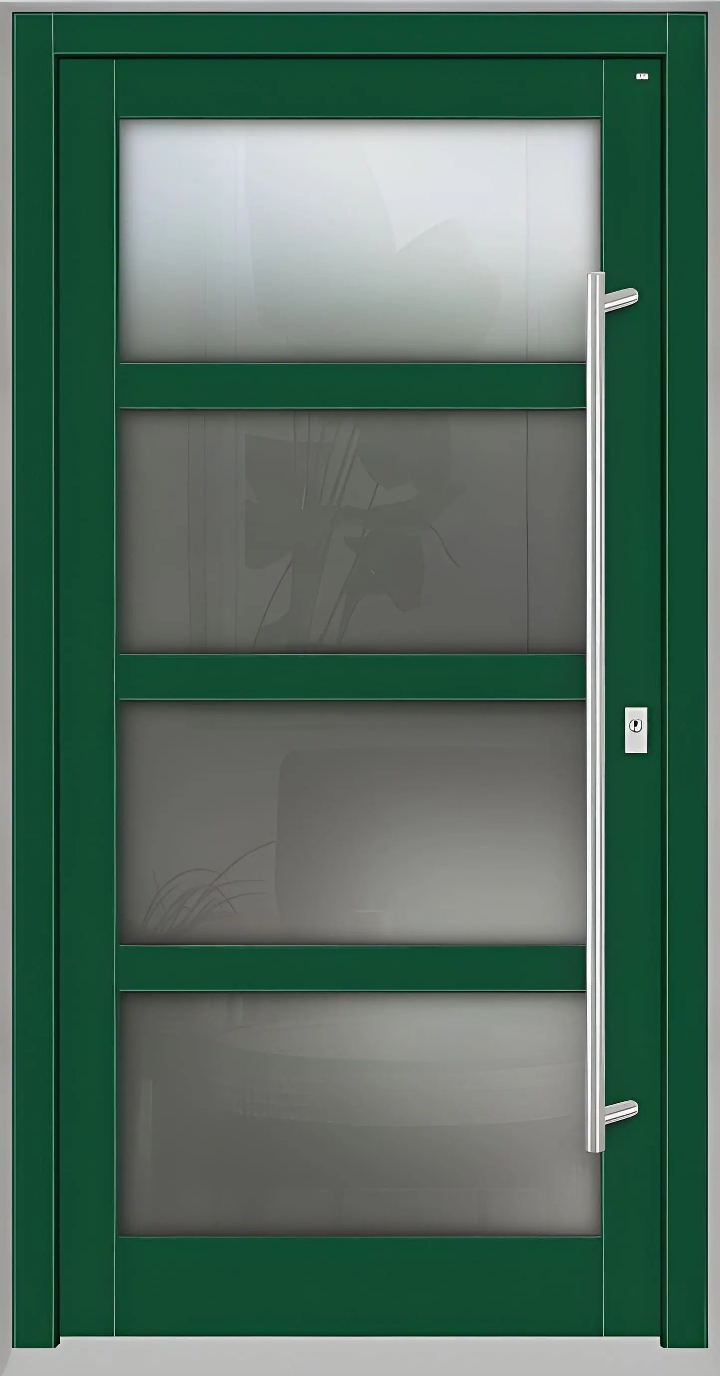 Haustür Holz mit Ganzglasfüllung und 3 waagerechten Unterteilungen in Moosgrün Dreh Rechts