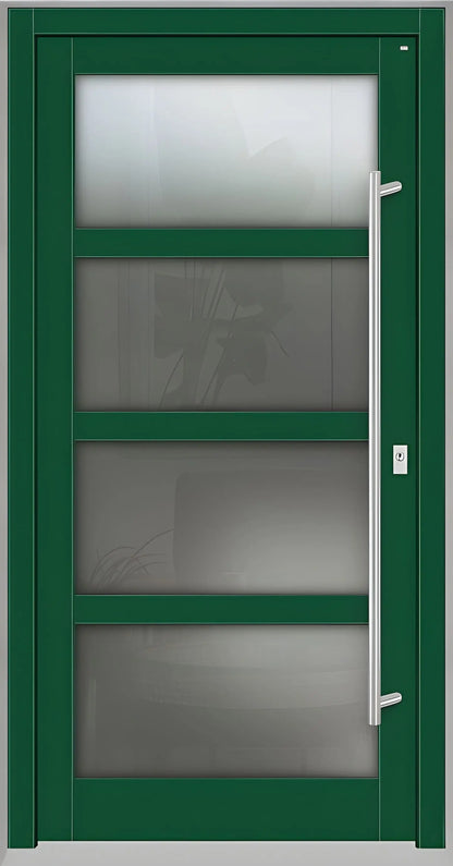Haustür Holz mit Ganzglasfüllung und 3 waagerechten Unterteilungen in Moosgrün Dreh Rechts