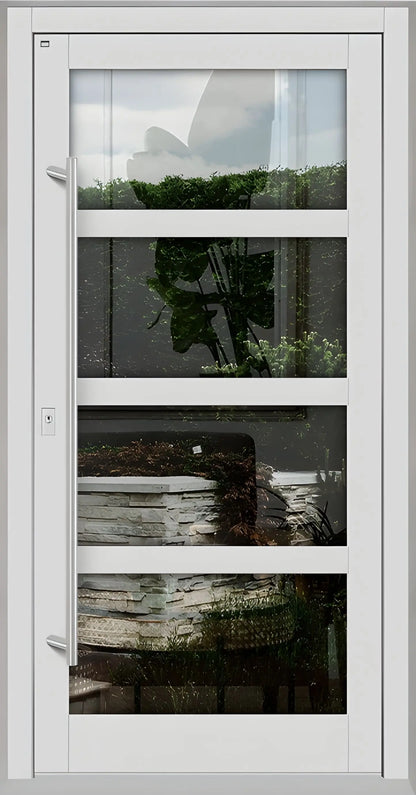 Haustür Holz mit Ganzglasfüllung und 3 waagerechten Unterteilungen in Lichtgrau Dreh Links