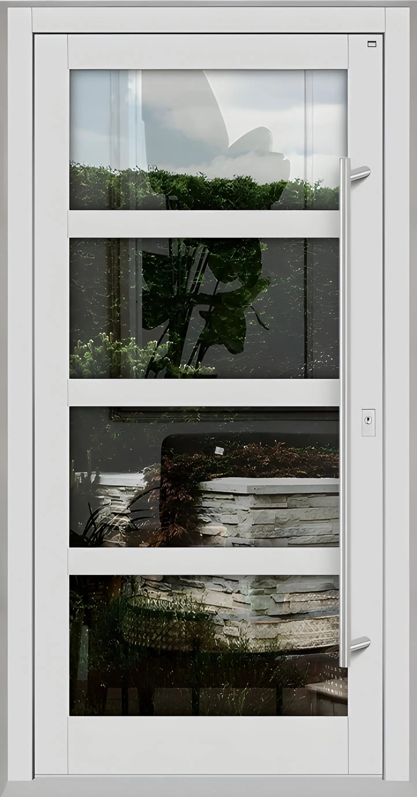 Haustür Holz mit Ganzglasfüllung und 3 waagerechten Unterteilungen in Lichtgrau Dreh Rechts