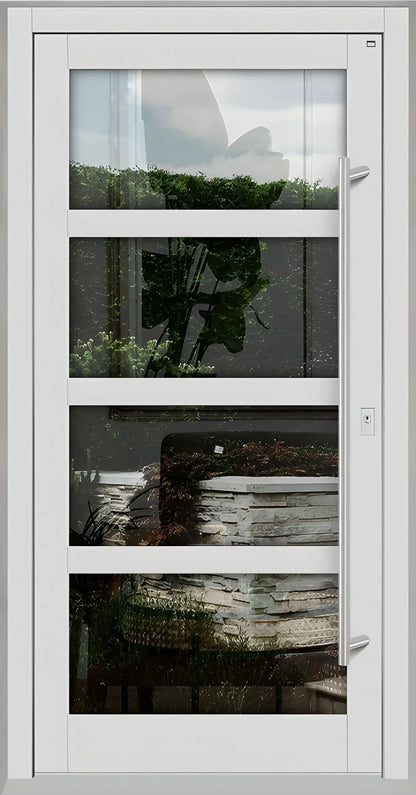 Haustür Holz mit Ganzglasfüllung und 3 waagerechten Unterteilungen in Lichtgrau Dreh Rechts