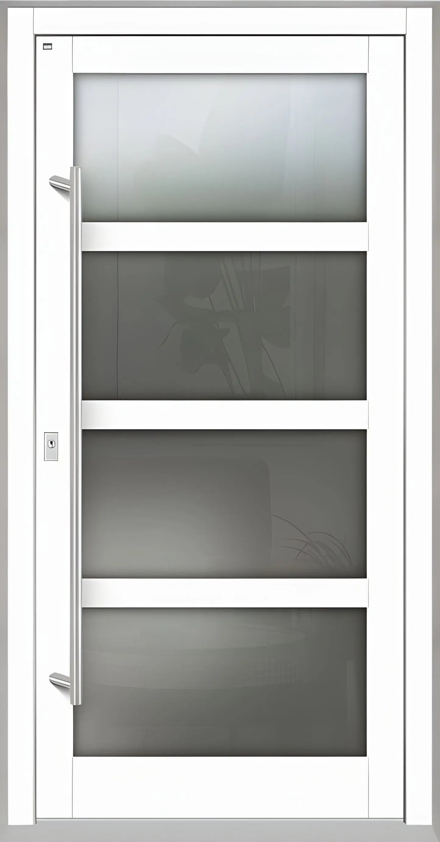 Haustür Holz mit Ganzglasfüllung und 3 waagerechten Unterteilungen in Verkehrsweiß Dreh Links