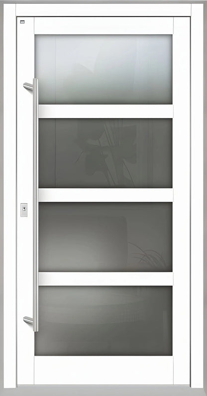 Haustür Holz mit Ganzglasfüllung und 3 waagerechten Unterteilungen in Verkehrsweiß Dreh Links